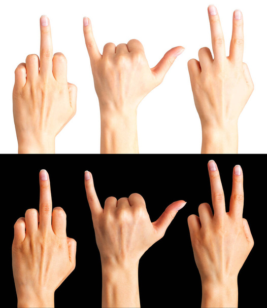 Manos femeninas mostrando tres gestos diferentes
. - Foto, imagen