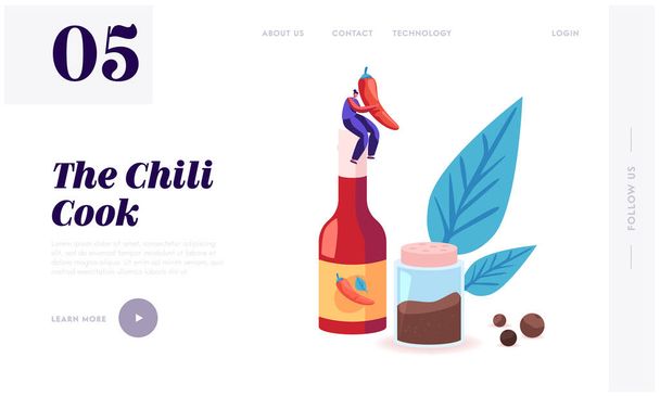 Seasoning Ingredient for Hot Food Dish Website Landing Page. Woman with Red Chili Pepper Sitting on Chilli Sauce Bottle, Shaker with Ground Black Spice Web Page Banner Cartoon Flat Vector Illustration - Vector, Image