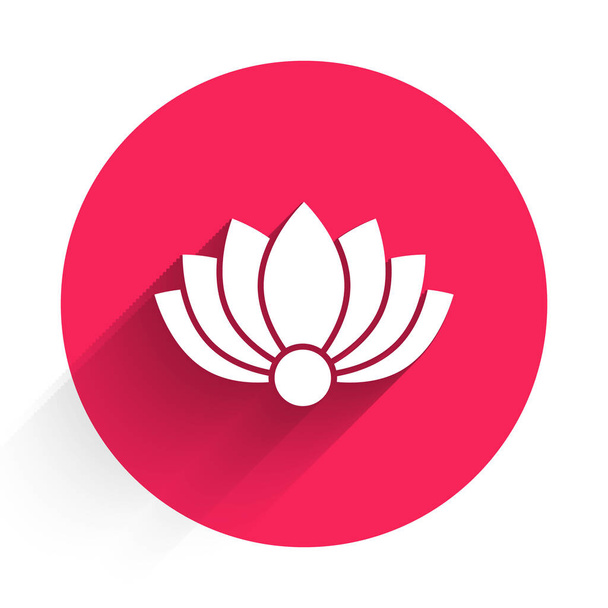Icono de flor de loto blanco aislado con sombra larga. Botón círculo rojo. Ilustración vectorial
 - Vector, imagen