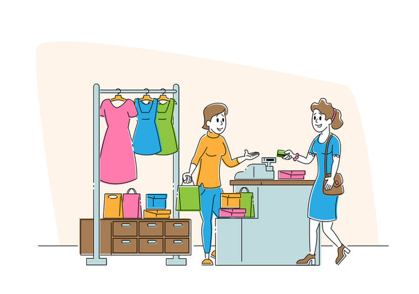Shopping Spare Time. Young Woman Paying with Credit Card at Counter Desk in Store. Girl Buying Garment Standing near Hanger in Apparel Boutique in Mall Cartoon Flat Vector Illustration, Line Art - Vector, Image