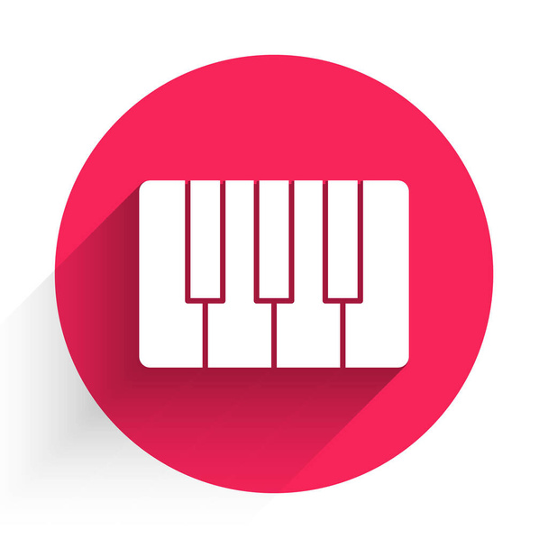 White Music synthesizer icon isolated with long shadow. Electronic piano. Red circle button. Vector Illustration - Vector, Image