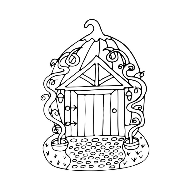 Casa de conto de fadas feita de abóboras em um fundo branco em estilo doodle. Alvenaria na frente de portas, escalada planta nas laterais da casa. Ilustração interessante com um vetor de enredo mágico
 - Vetor, Imagem