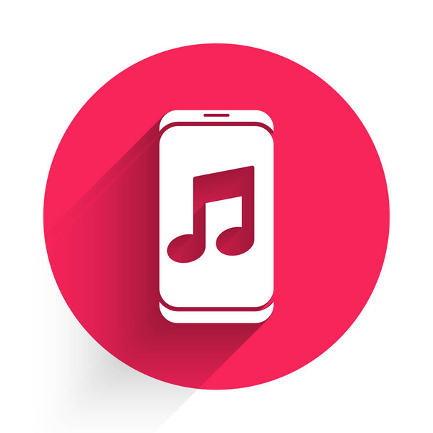 Icône de lecteur de musique blanche isolée avec une ombre longue. Dispositif de musique portable. Bouton rouge. Illustration vectorielle - Vecteur, image