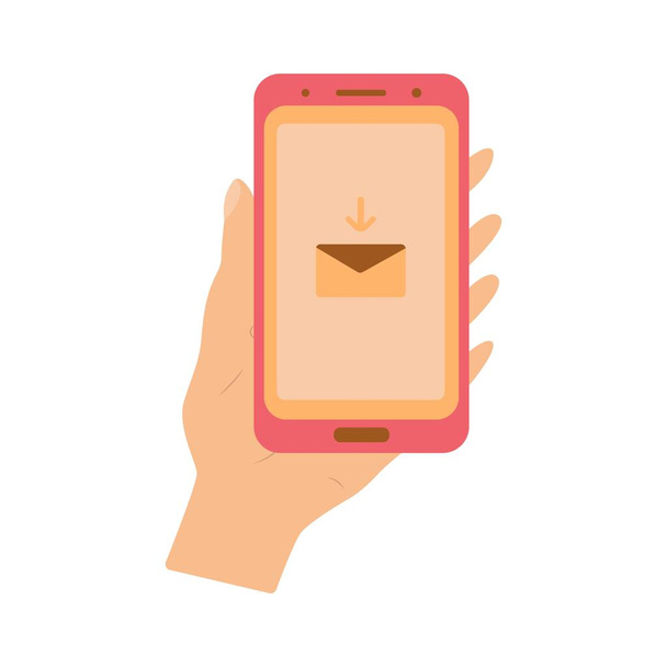 Ένα smartphone με ένα νέο εισερχόμενο μήνυμα στην οθόνη. Το χέρι κρατάει το τηλέφωνο. Επίπεδη απεικόνιση στυλ. Λάβετε αλληλογραφία στο κινητό σας. Διάνυσμα επικοινωνίας πρόσωπο με πρόσωπο - Διάνυσμα, εικόνα