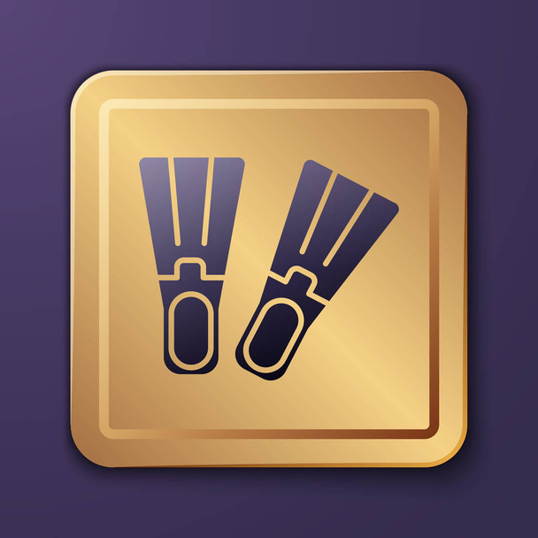 Purple Rubber flippers for swimming icon isolated on purple background. Diving equipment. Extreme sport. Sport equipment. Gold square button. Vector Illustration - Vektor, obrázek