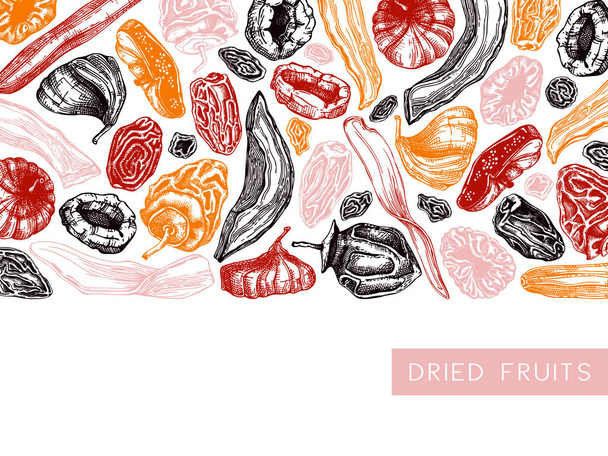 Dried fruits and berries frame design. Vintage dehydrated fruits in color template. Delicious healthy dessert - dried mango, melon, fig, apricot, banana, persimmon, dates, prune, raisin. Oriental sweets vector background - Vector, Image