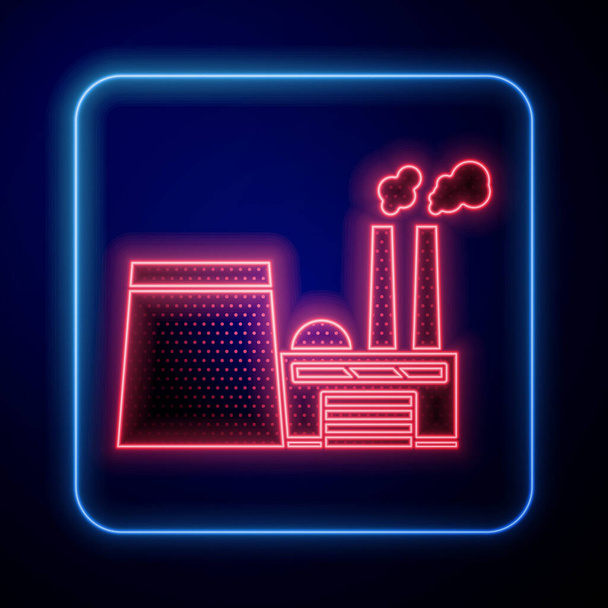 Glowing neon Oil and gas industrial factory building icon isolated on blue background. Vector Illustration - Vector, Image