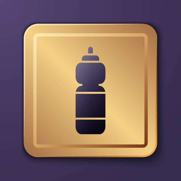 Lila Fitness Shaker Symbol isoliert auf lila Hintergrund. Sport-Shakerflasche mit Deckel für Wasser und Proteincocktails. Goldener quadratischer Knopf. Vektorillustration - Vektor, Bild