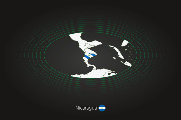Nicaragua Karte in dunkler Farbe, ovale Karte mit Nachbarländern. Vektorkarte und Flagge Nicaraguas - Vektor, Bild