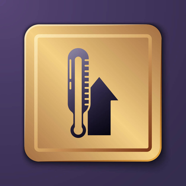 Fioletowy termometr meteorologiczny mierzący ikonę izolowaną na fioletowym tle. Urządzenia termometryczne pokazujące gorącą lub zimną pogodę. Złoty kwadrat. Ilustracja wektora - Wektor, obraz