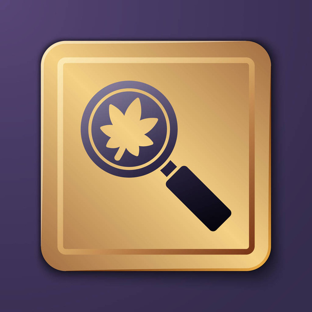 Purple Magnifying glass with leaf icon isolated on purple background. Scientific biology, study nature leaf. Gold square button. Vector Illustration - Vector, Image