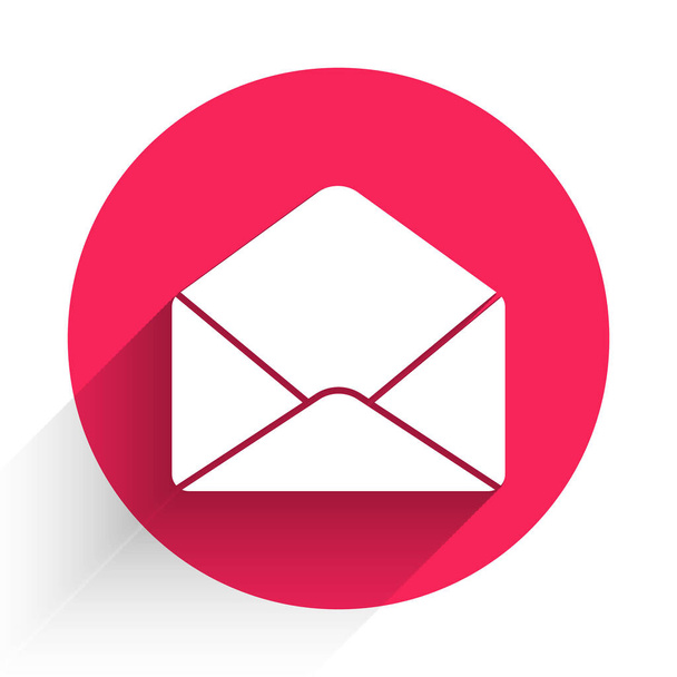 Weißes Umschlag-Symbol isoliert mit langem Schatten. E-Mail-Nachricht Brief Symbol. Roter Kreis Knopf. Vektorillustration - Vektor, Bild