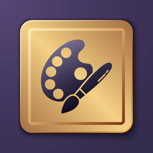Purple Paint brush with palette icon isolated on purple background. Gold square button. Vector Illustration - Vetor, Imagem