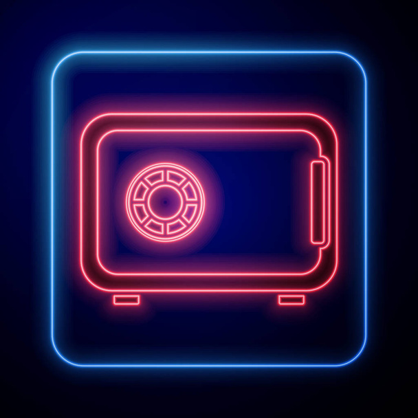 Gloeiende neon Veilig pictogram geïsoleerd op blauwe achtergrond. De deur veilig een bankkluis met een combinatieslot. Betrouwbare gegevensbescherming. Vector Illustratie - Vector, afbeelding