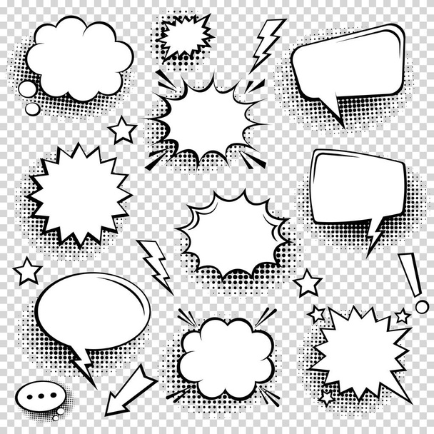 Collection of empty comic speech bubbles with halftone shadows. Hand drawn retro cartoon stickers. Pop art style. Vector illustration. - Вектор, зображення