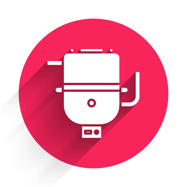 Witte elektrische boiler voor het verwarmen van water icoon geïsoleerd met lange schaduw. Rode cirkel knop. Vector Illustratie - Vector, afbeelding