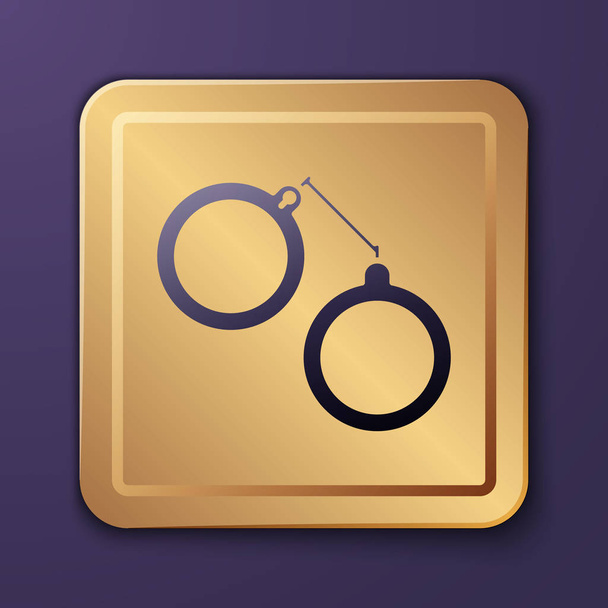 Lila Handschellen Ikone isoliert auf lila Hintergrund. Goldener quadratischer Knopf. Vektorillustration - Vektor, Bild