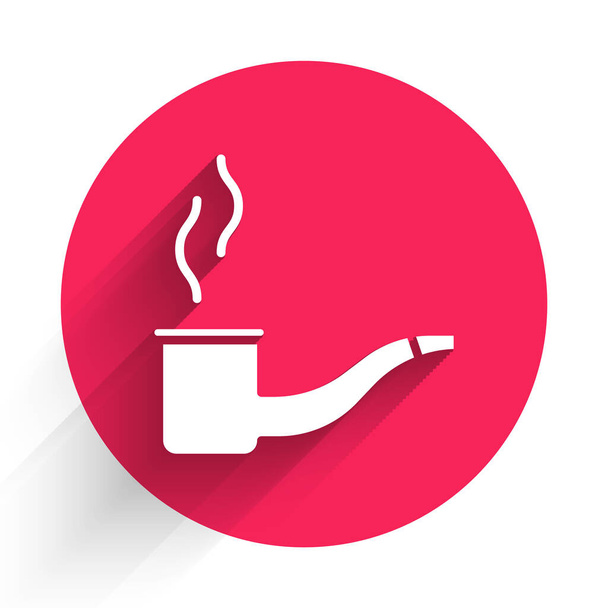 Pipa blanca con icono de humo aislado con sombra larga. Pipa de tabaco. Botón círculo rojo. Ilustración vectorial
 - Vector, imagen