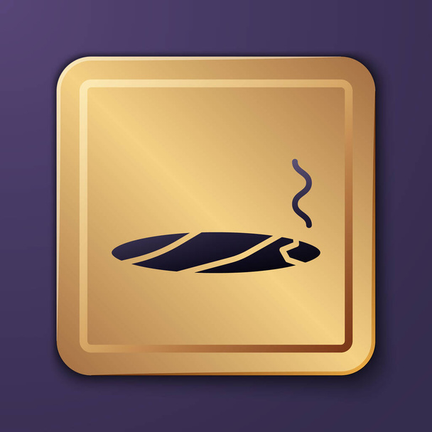 Charuto roxo com ícone de fumaça isolado no fundo roxo. Botão quadrado dourado. Ilustração vetorial
 - Vetor, Imagem