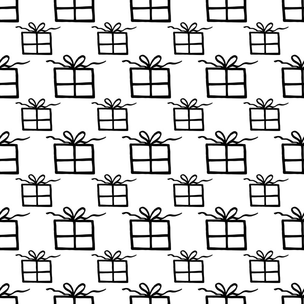 Holiday seamless pattern with present on white background. Vector illustration for Birthday, Merry Christmas, New year. Template design for invitation, poster, card, fabric, textile. Doodle style. - Vektör, Görsel