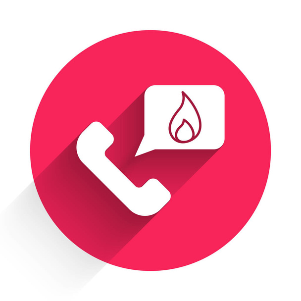 White Telephone with emergency call 911 icon isolated with long shadow. Police, ambulance, fire department, call, phone. Red circle button. Vector Illustration - Vector, Image