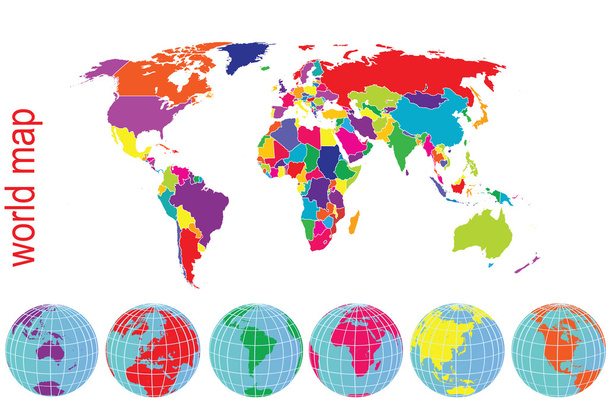 Mappa del mondo in toni vivaci con globi terrestri
 - Foto, immagini