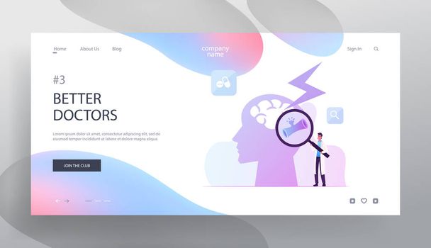 Insult Disease Symptoms, Neuroscience and Neurosurgery Website Doctor Holding Glass Looking on Human Head with Apoplexy Attack in Brain Web Page Banner Cartoon Flat Vector Illustration - Вектор, зображення