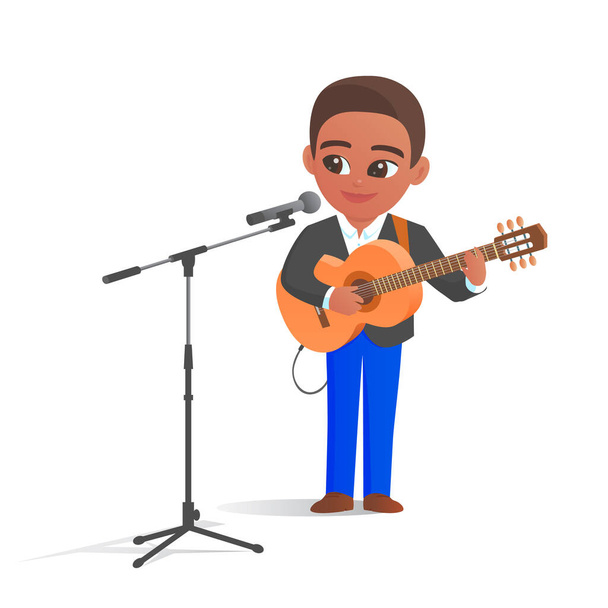 Der junge elegante männliche Musiker steht mit Akustikgitarre und Mikrofon da. singt ein Lied. Vektor isolierte Cartoon-Illustration. - Vektor, Bild