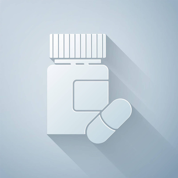 Papiergeschnittene Medikamentenflasche und Pillen-Symbol isoliert auf grauem Hintergrund. Flaschentablettenschild. Apothekendesign. Papierkunst. Vektorillustration - Vektor, Bild