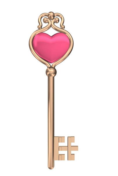 Kultainen avain koristeltu vaaleanpunainen sydän. 3D-kuva
. - Valokuva, kuva
