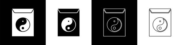 Встанови Інь Янг і конвертову ікону ізольованою на чорно-білому фоні. Символ гармонії та рівноваги. Векторний приклад - Вектор, зображення