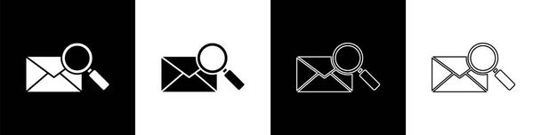 Set Envolvente de correo con icono de lupa aislado sobre fondo blanco y negro. Ilustración vectorial
 - Vector, Imagen