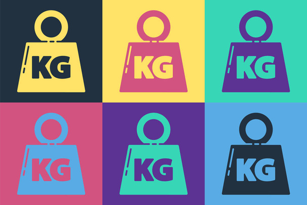 Pop Art Gewicht Symbol isoliert auf farbigem Hintergrund. Kilogramm Gewichtsblock für Gewichtheben und Waage. Massensymbol. Vektorillustration - Vektor, Bild