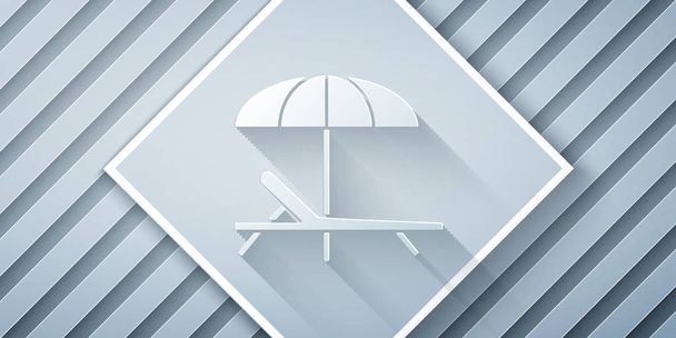 Paper cut Sunbed icon isolated on grey background. Beach umbrella and Sun lounger. Paper art style. Vector Illustration - Vector, Image