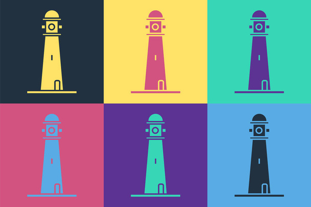 Pop Art Leuchtturm Symbol isoliert auf farbigem Hintergrund. Vektorillustration - Vektor, Bild