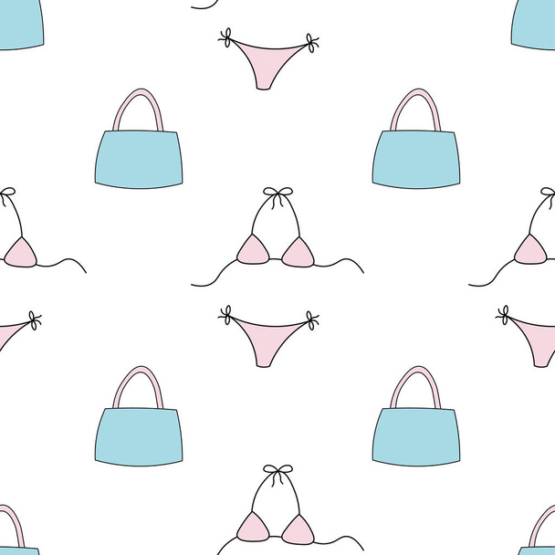 Pink bikinis and blue handbags seamless repeat vector pattern for wrapping paper,print. - Vektor, kép