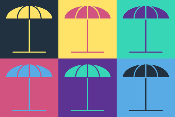 Pop Art Sonnenschirm für Strandsymbol isoliert auf farbigem Hintergrund. Großer Sonnenschirm für den Außenbereich. Sonnenschirm. Vektorillustration - Vektor, Bild