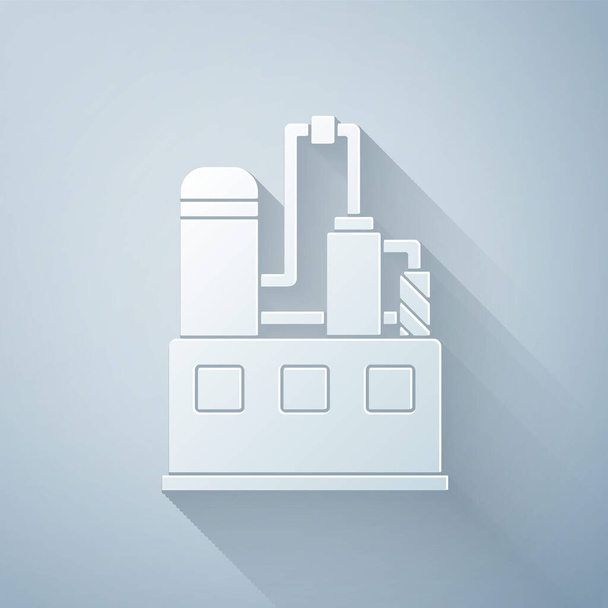 Paper cut Oil and gas industrial factory building icon isolated on grey background. Paper art style. Vector Illustration - Vector, Image