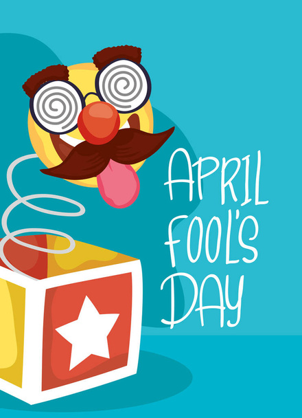 happy april fools day card with surprise box and crazy emoji - Vector, Image