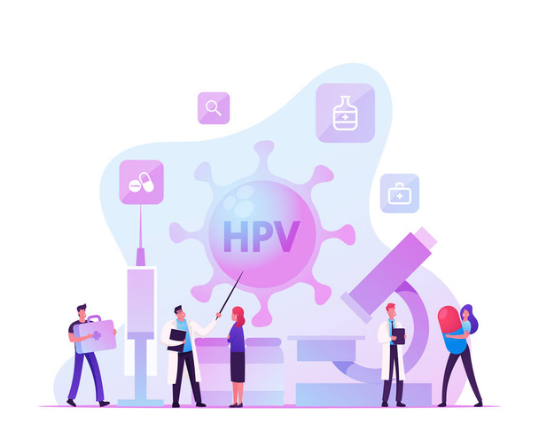 İnsan Papillomavirus, HPV Virüs Teşhis Kontrolü ve Erken Teşhis. Karakterler Aşılama, Viral Enfeksiyon Tedavisi, Sağlık Koruma ve İlaç. Çizgi film Düz Vektör İllüstrasyonu - Vektör, Görsel