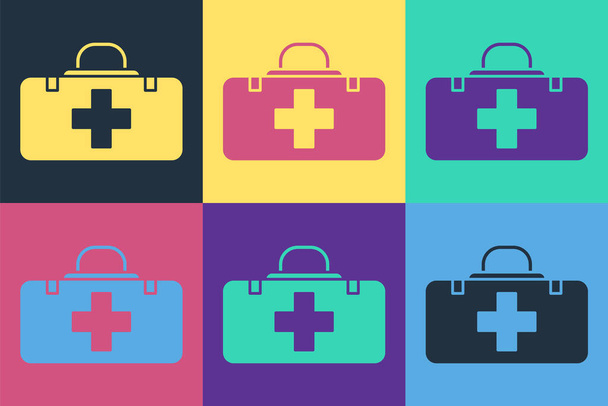 Pop art EHBO kit pictogram geïsoleerd op kleur achtergrond. Medische doos met kruis. Medische apparatuur voor noodgevallen. Gezondheidszorg concept. Vector Illustratie - Vector, afbeelding
