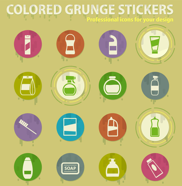 Houshold vegyszerek színes grunge ikonok izzadság ragasztó design web és mobil alkalmazások - Vektor, kép