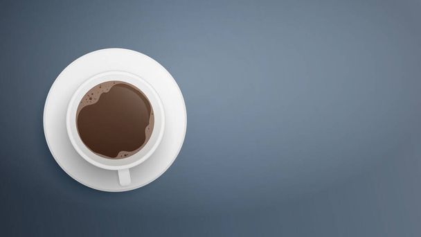   Realistische weiße Tasse Kaffee auf grauem Hintergrund. Banner mit Platz für Text. Tasse Espresso von oben.  - Foto, Bild