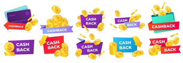 Cashback badges. Money return label, shop sale offers and cash back banner. Golden coins in wallet vector illustration set - ベクター画像