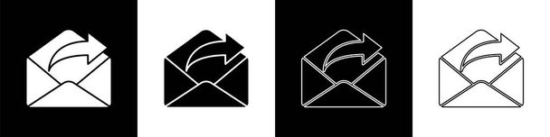 Ustaw ikonę poczty wychodzącej na czarno-białym tle. Symbol koperty. Wychodzący znak wiadomości. Przycisk nawigacji poczty. Ilustracja wektora - Wektor, obraz
