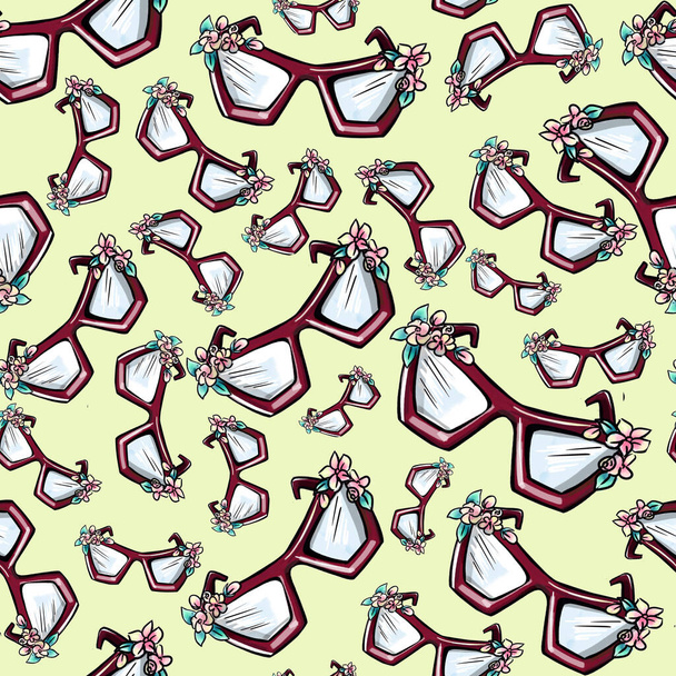 Seamless pattern of sun glasses isolated on a yellow background. - Photo, Image