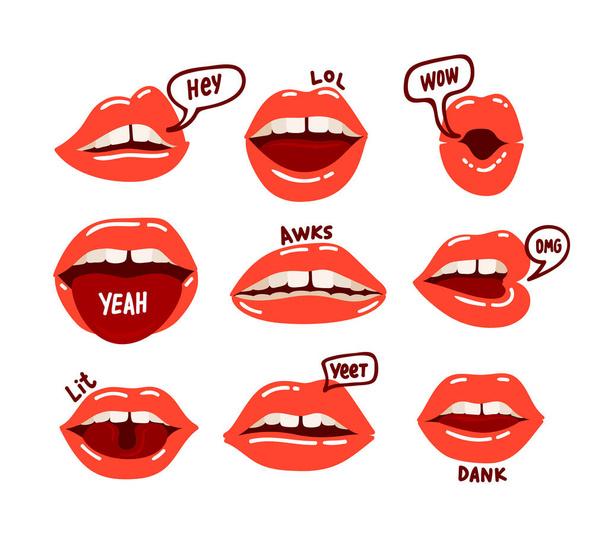Set de Boca de Mujer. Rojo Sexy Labios Expresando Diferentes Emociones como Feliz Sonrisa, Seducción, Mostrar Lengua, Beso, Sorprendente, Disgusto. Elementos de diseño, iconos, pegatinas Dibujos animados Vector Ilustración Clip Art
 - Vector, imagen