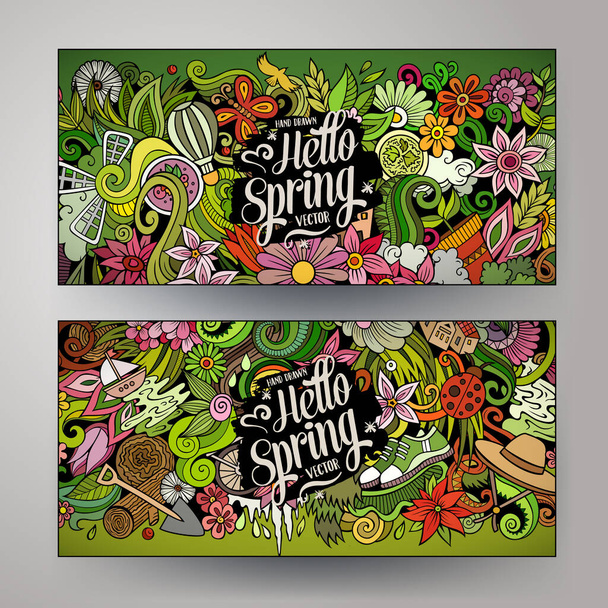 Cartoon cute colorful vector hand drawn doodles Spring season banners - Vektor, Bild