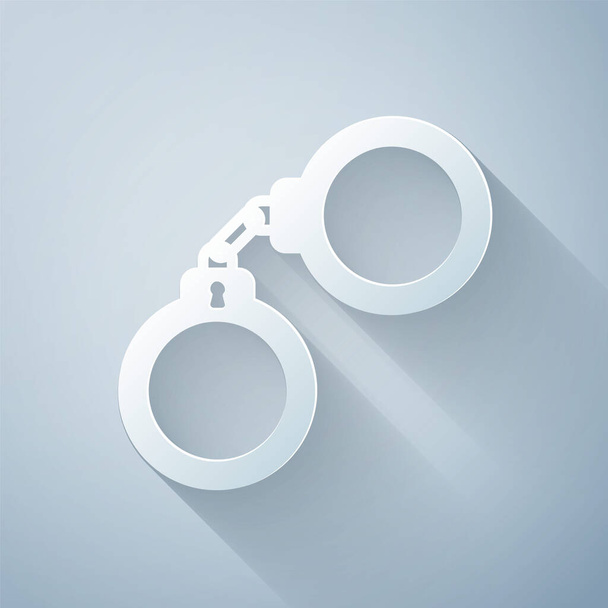 Paper cut Handcuffs icon isolated on grey background. Paper art style. Vector Illustration - Vector, Image