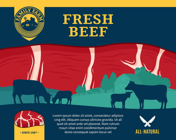 Vektor friss marhahús illusztráció vidéki táj, tehenek, borjak és a gazdaság. Hentesbolt vagy szarvasmarha-tenyésztés tervezési elemei élelmiszerekhez, mezőgazdasági üzletekhez, csomagoláshoz és reklámozáshoz - Vektor, kép